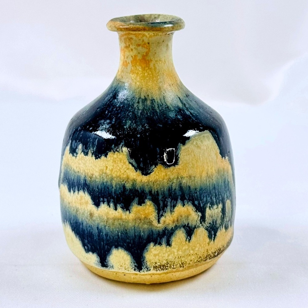 Small Handcrafted Stoneware Bud Vase Wabi Sabi Blue Tan Drip Glaze Artisan CUTE